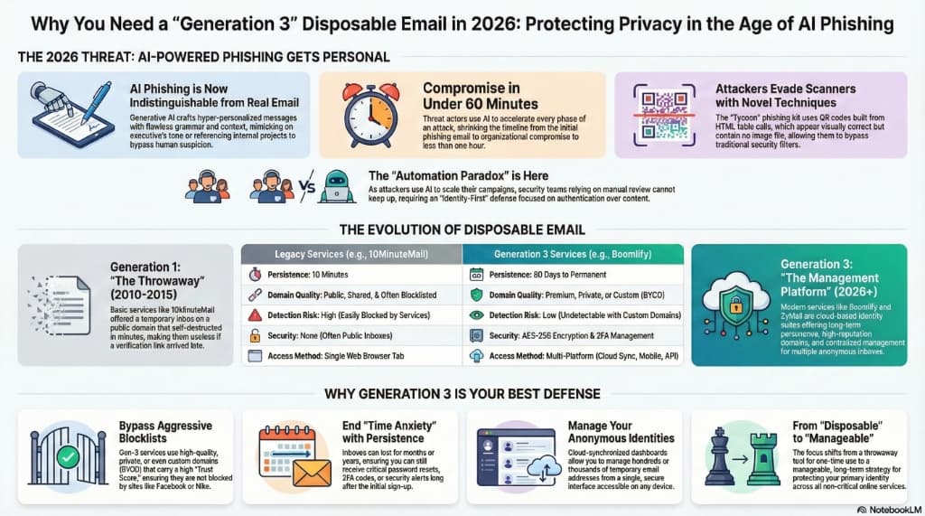 Infographic comparing Generation 1 'Throwaway' emails vs Generation 3 'Management Platforms'. Charts the evolution of disposable email security, features, and the 2026 AI phishing threat landscape.