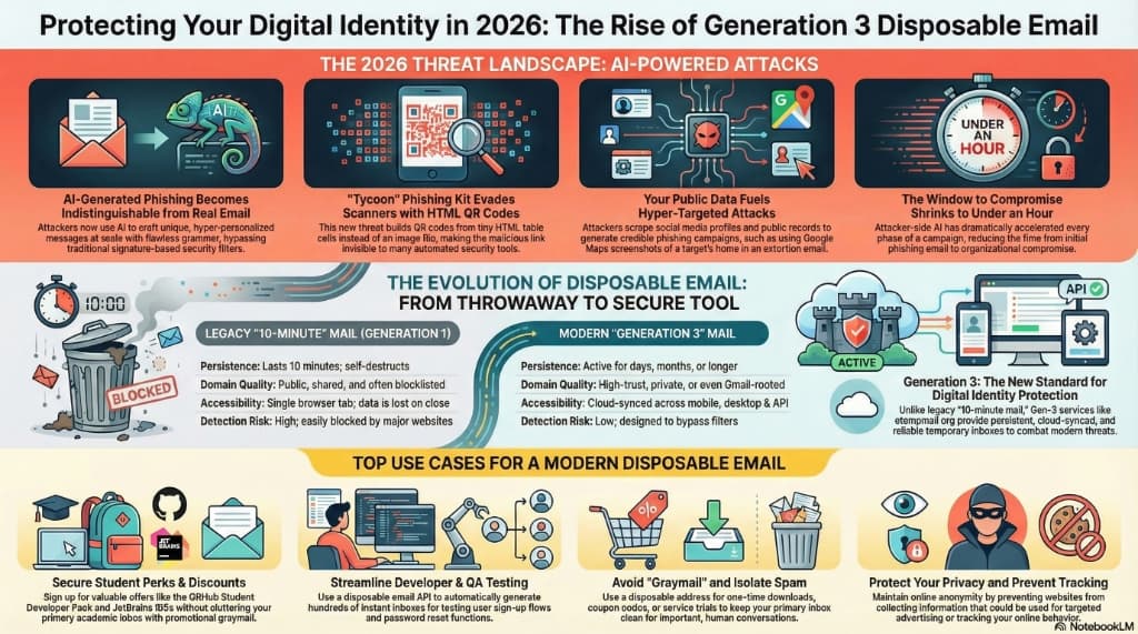 Infographic: Protecting Your Digital Identity in 2026. Shows the threat landscape including AI-generated phishing, Tycoon phishing kits, and hyper-targeted attacks. Compares Legacy Generation 1 mail aimed at throwing away vs Modern Generation 3 mail aimed at security.