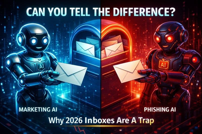 Split contrast comparison: Left side Friendly Marketing AI vs Right side Malicious Phishing AI. Text reads: Can you tell the difference?
