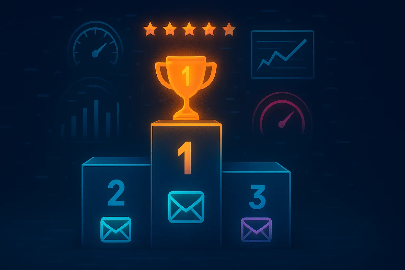 A futuristic digital podium with a glowing number one spot, representing the top-ranked temporary email service.