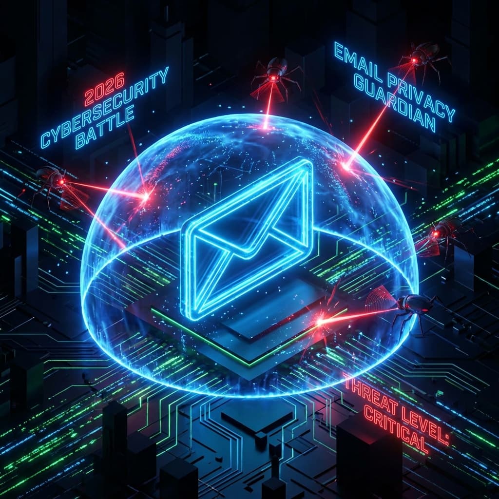 Futuristic 2026 Cybersecurity Concept with blue protected envelope versus red AI scanning eyes