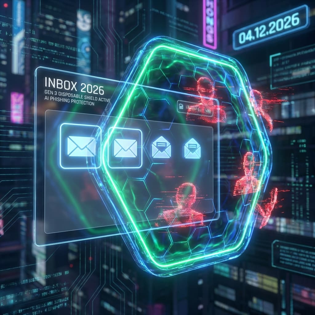 Futuristic digital shield protecting an inbox from AI bots and phishing vectors