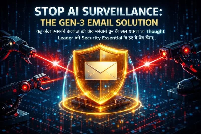 Stop AI Surveillance: The Gen-3 Email Solution. A digital shield protecting an email envelope from red laser robotic arms.