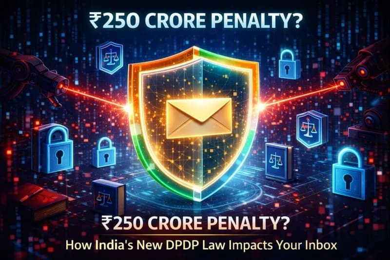 Cybersecurity concept: A legal shield with a golden email envelope inside, surrounded by robotic laser scanners. Text reads: ₹250 Crore Penalty? How India's New DPDP Law Impacts Your Inbox.