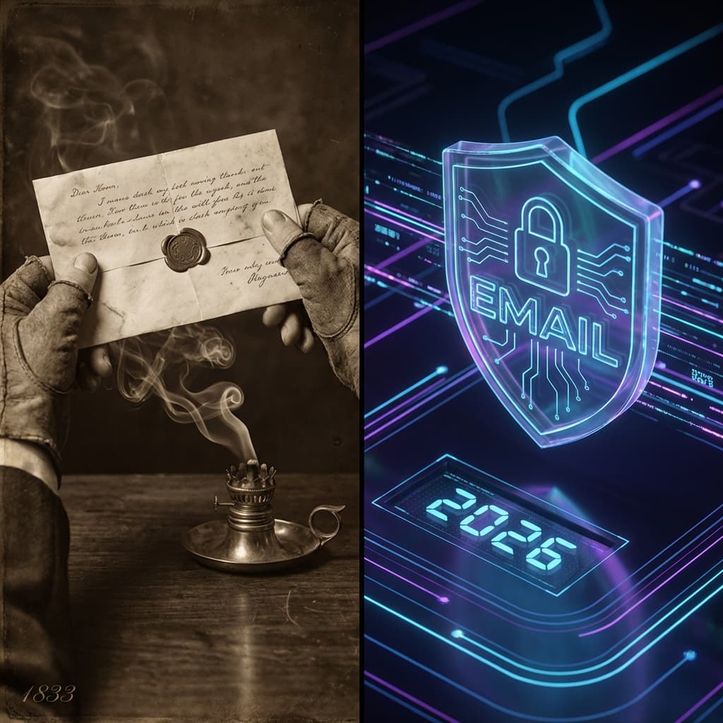 Split contrast image: 1833 sanitary mail fumigation vs 2026 digital email shielding