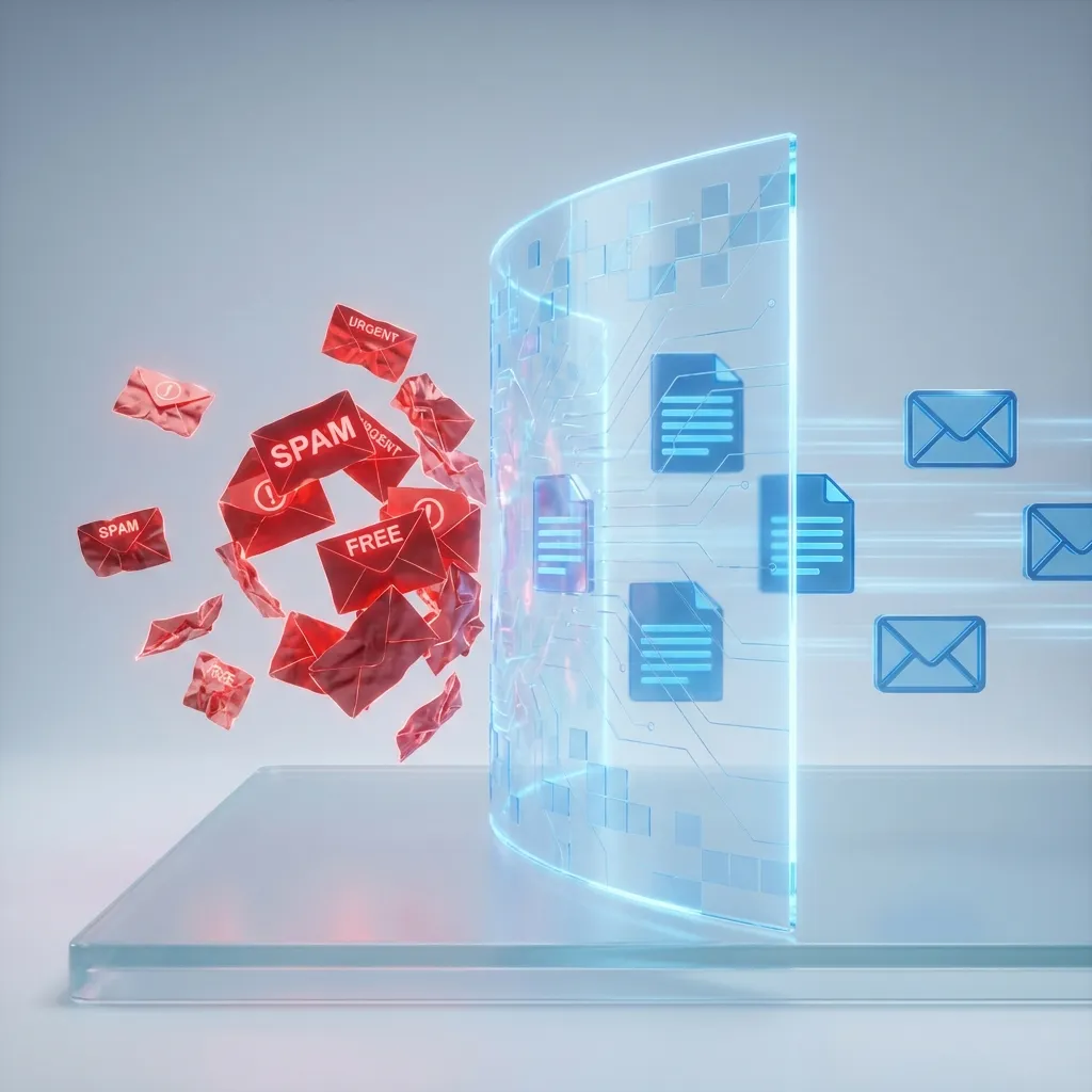 Glowing digital firewall blocking spam envelopes