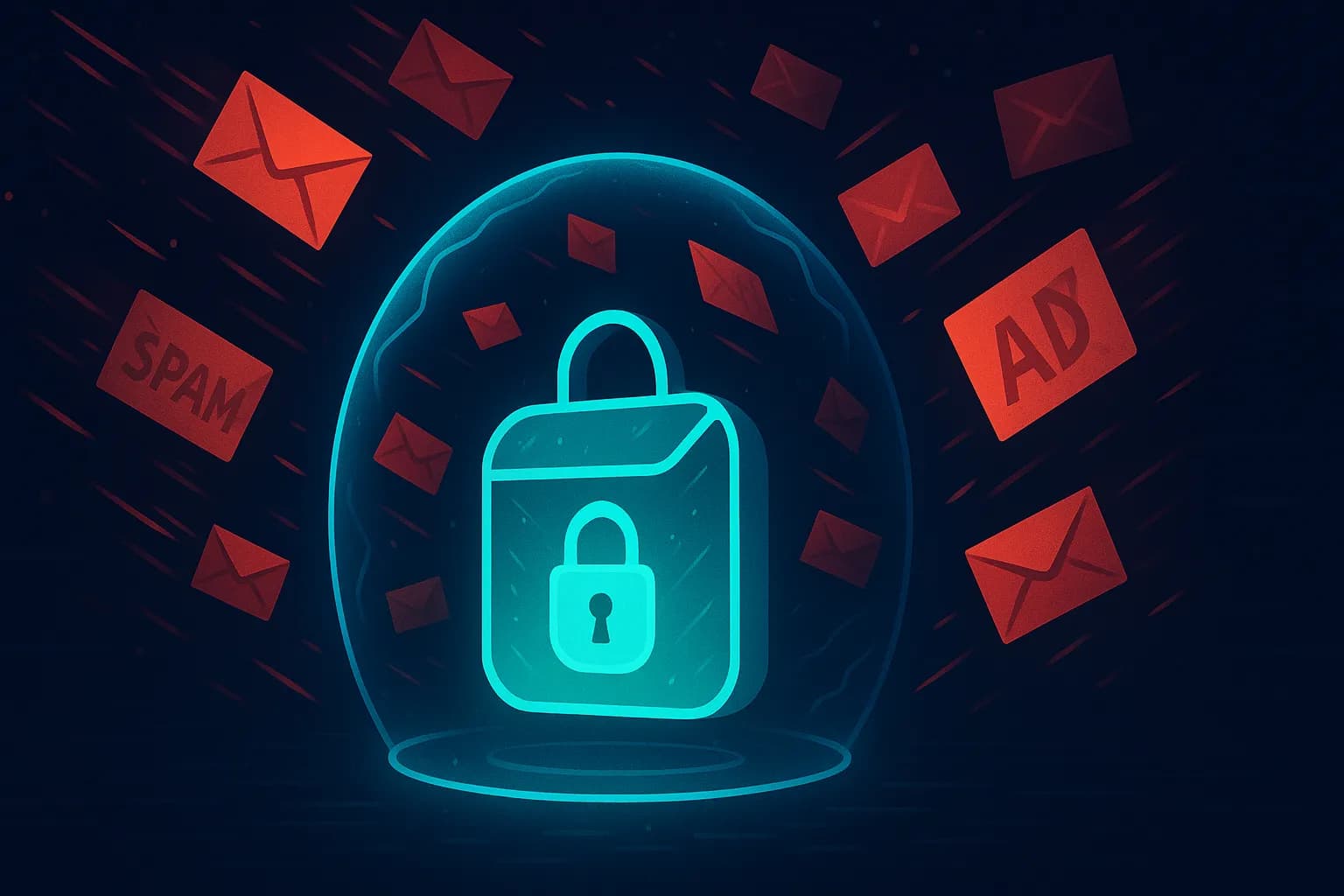 A digital shield protecting a clean inbox from a storm of spam emails, illustrating temporary email security.