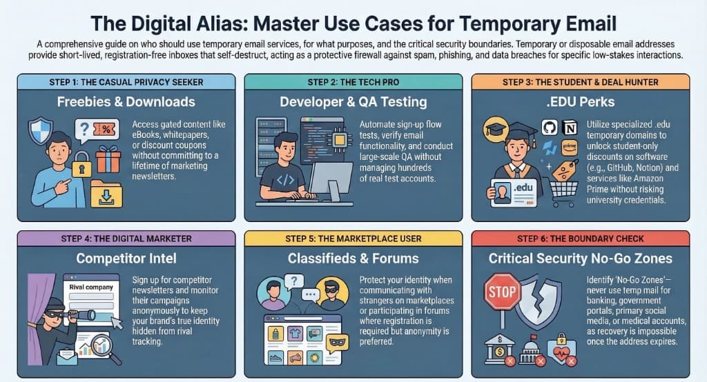 The Digital Alias: Master Use Cases for Temporary Email - Infographic showing 6 strategic uses for disposable emails